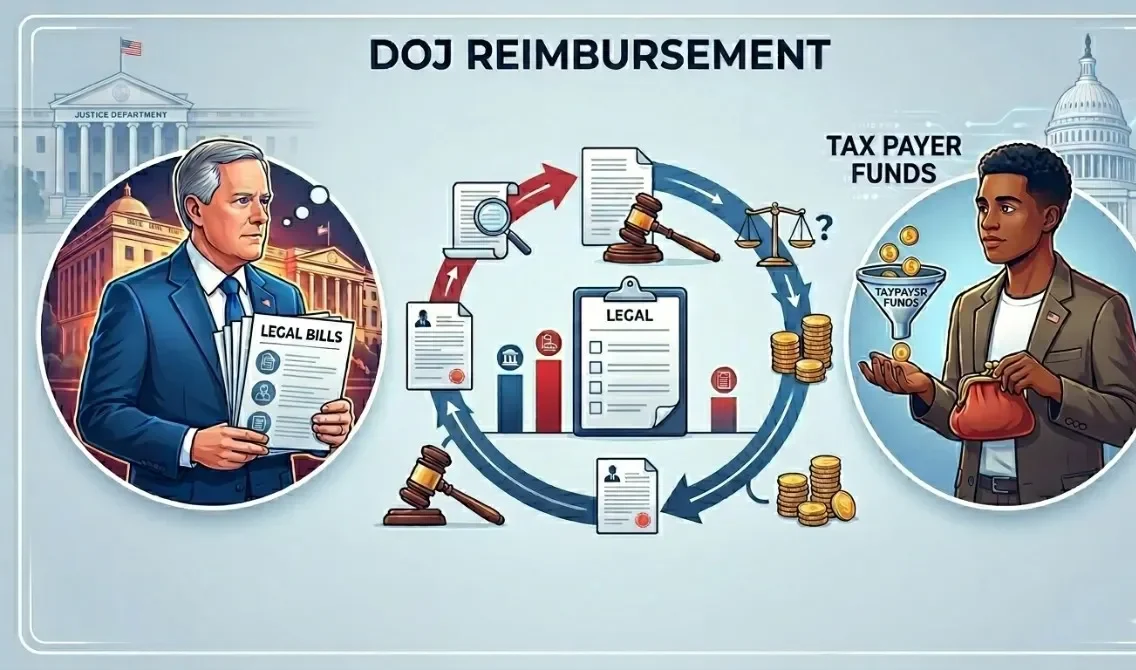 Infographic showing the process of Mark Meadows' DOJ reimbursement request, illustrating the flow from private legal bills to potential taxpayer funding.