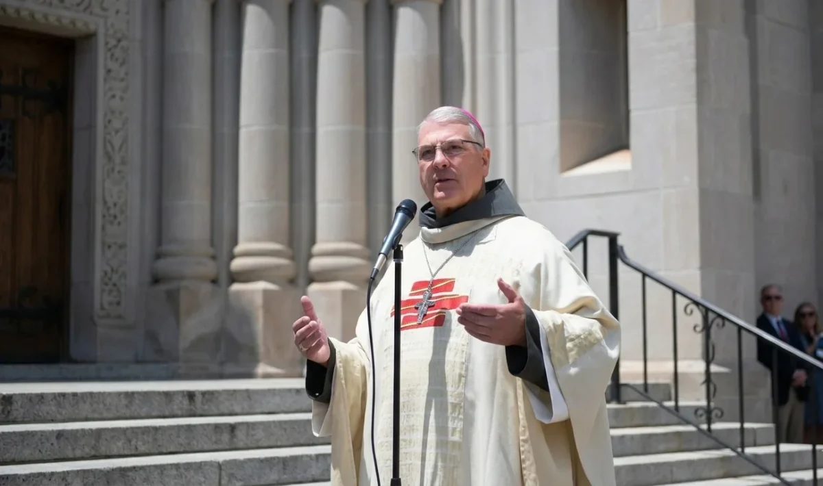 Former White House Chief of Staff Mark Meadows, wearing a religious robe and pectoral cross, speaking at a podium regarding his DOJ legal fee reimbursement request.