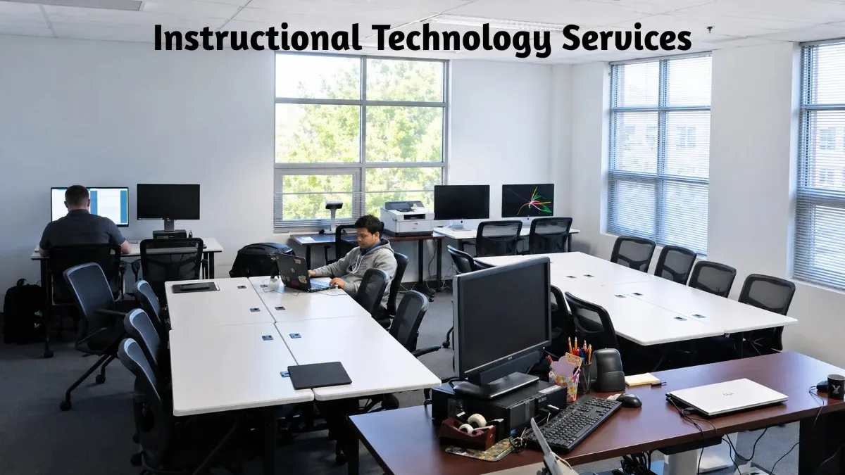 A professional office environment housing instructional technology services, featuring computer workstations, collaborative tables, and staff working on digital learning projects.