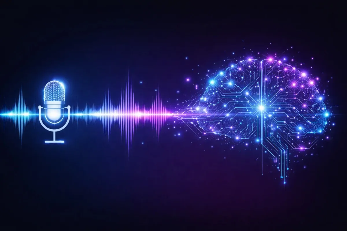 A digital illustration showing a glowing microphone icon on the left connected by a vibrant sound wave to a glowing circuit-style human brain on the right, representing free AI voice generator technology.