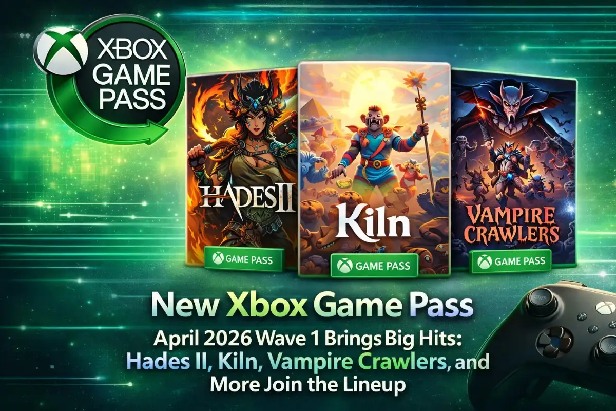 An Xbox Game Pass promotional banner for April 2026 featuring the game covers for Hades II, Kiln, and Vampire Crawlers next to an Xbox controller.