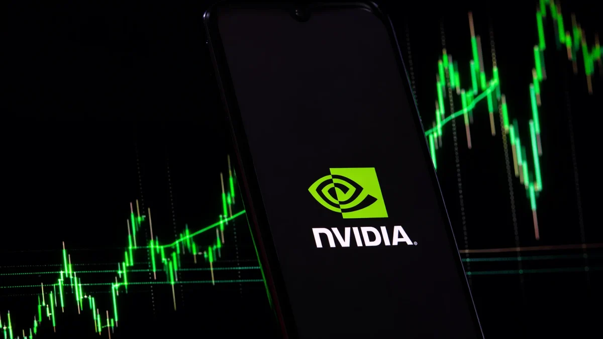 A live trading dashboard for Nvidia stock Corp (NVDA) on April 21, 2026, showing a stock price of $202.06, up 0.19% on the day. The image features a positive intraday line chart, a $4.91 trillion market cap, and a P/E ratio of 41.25. Sidebar data compares NVDA's green performance against Microsoft and AMD, which are trading in the red.