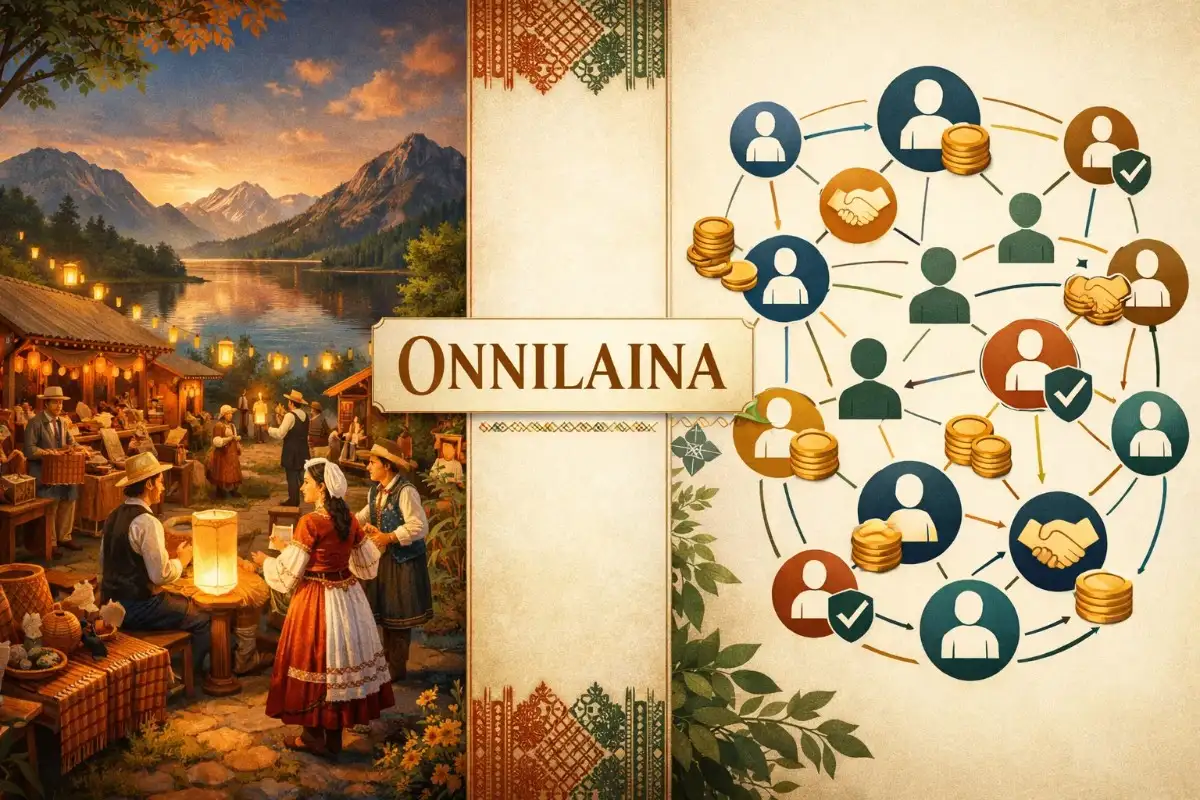 A split-screen graphic featuring the Onnilaina logo; the left side shows a traditional village marketplace by a lake, while the right side displays a modern network diagram illustrating financial connections and community growth.