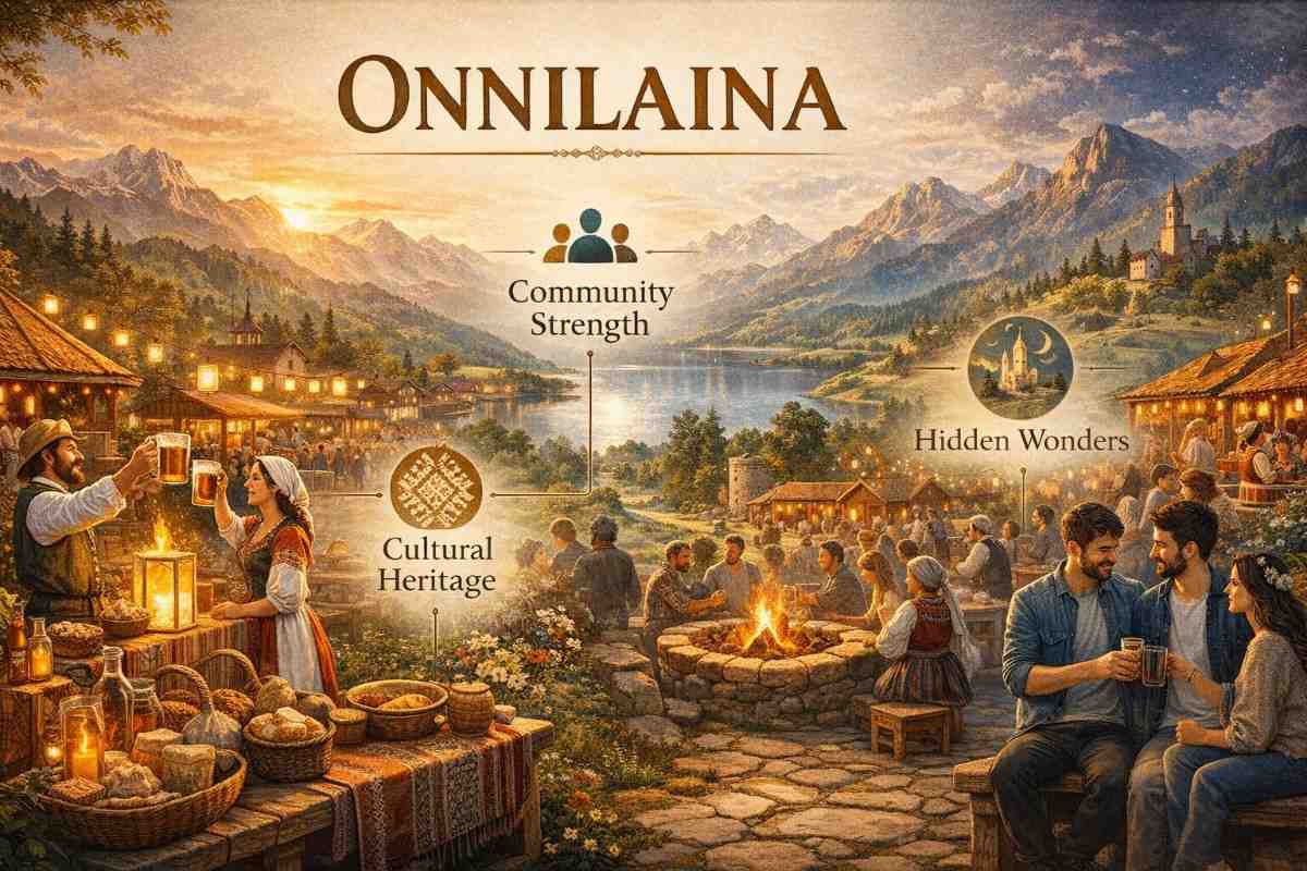 A panoramic illustration featuring the Onnilaina brand, showcasing a vibrant lakeside community gathering with themes of community strength, cultural heritage, and hidden wonders in a mountainous landscape.