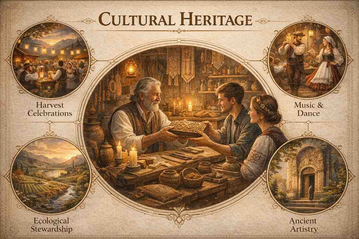 A detailed infographic for Onnilaina showcasing central themes: Harvest Celebrations, Music & Dance, Ecological Stewardship, and Ancient Artistry, featuring a master artisan passing knowledge to a younger couple.