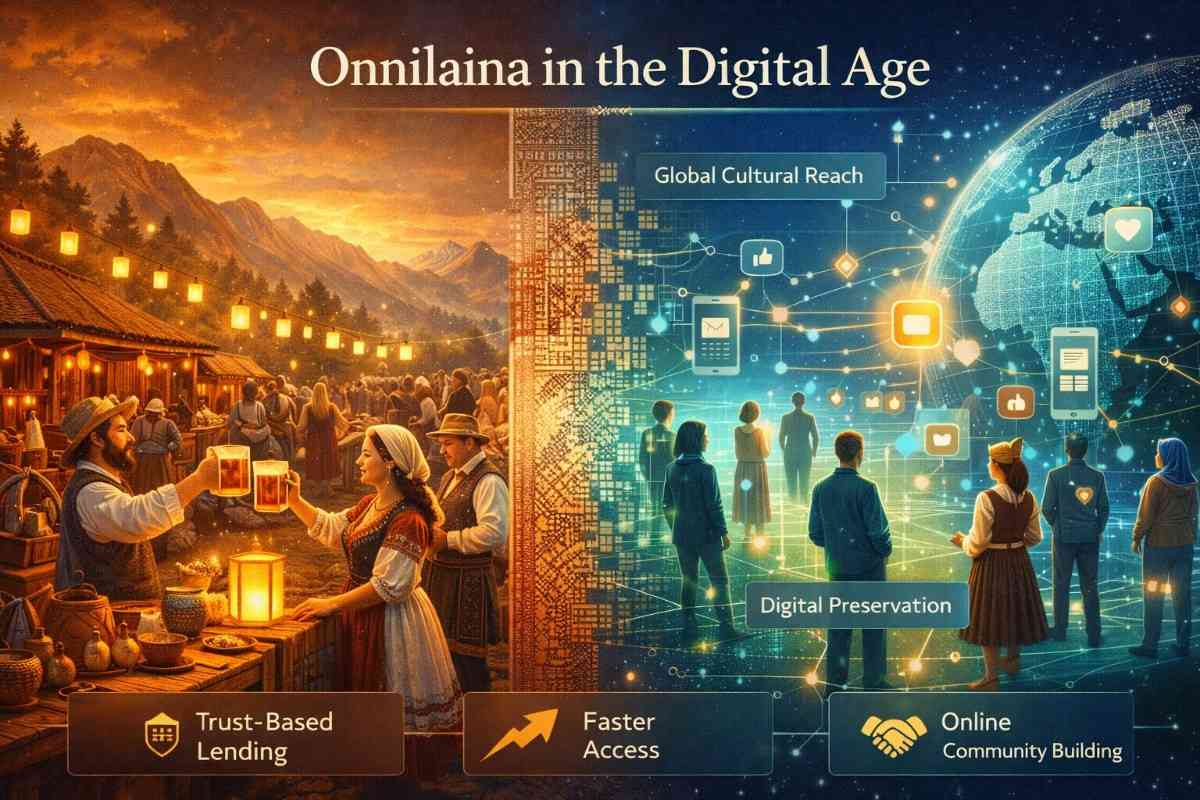 A split-concept illustration for Onnilaina showing a traditional community festival on the left transitioning into a glowing global digital network on the right, highlighting digital preservation and online community building.