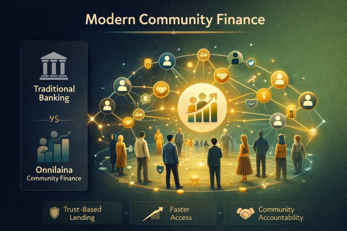 An infographic comparing Traditional Banking with Onnilaina Community Finance, illustrating a network of people connected by trust-based lending, faster access, and community accountability.