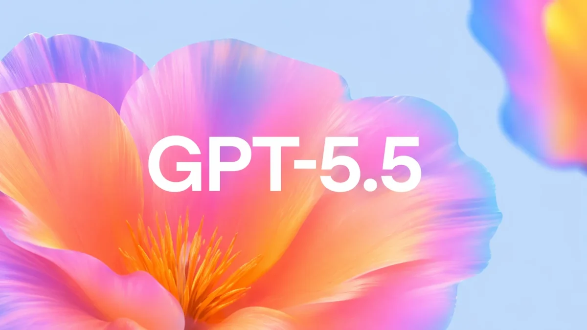 Promotional image for GPT-5.5 featuring the model name in white bold text over a vibrant, multi-colored floral background with pink, orange, and purple gradients.
