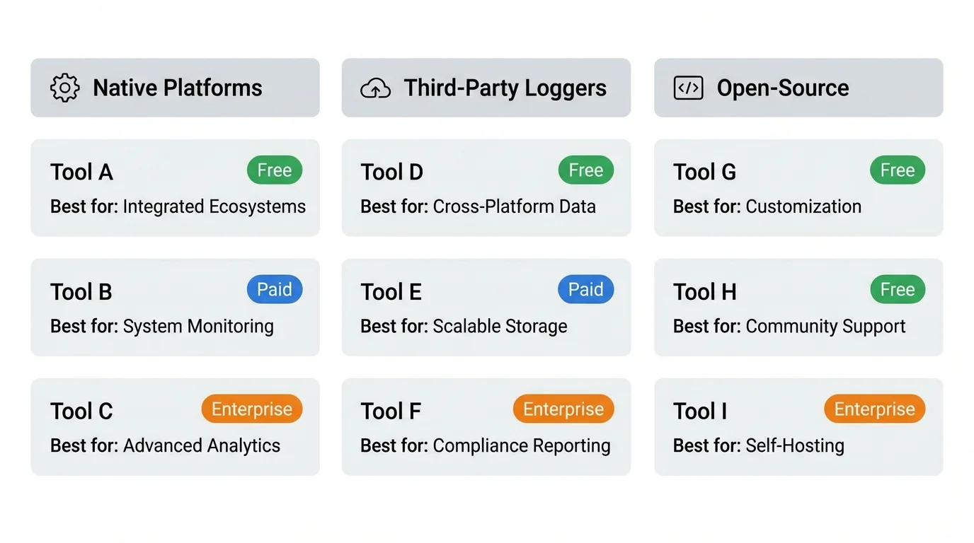 A comparison chart of tool categories for an AI chatbot conversations archive, including Native Platforms (best for ecosystems), Third-Party Loggers (best for scalable storage), and Open-Source tools (best for customization and self-hosting).