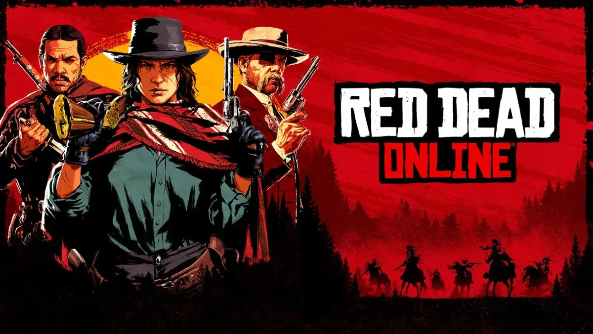 Red Dead Redemption 2 Online poster featuring western outlaws with guns on a bold red background