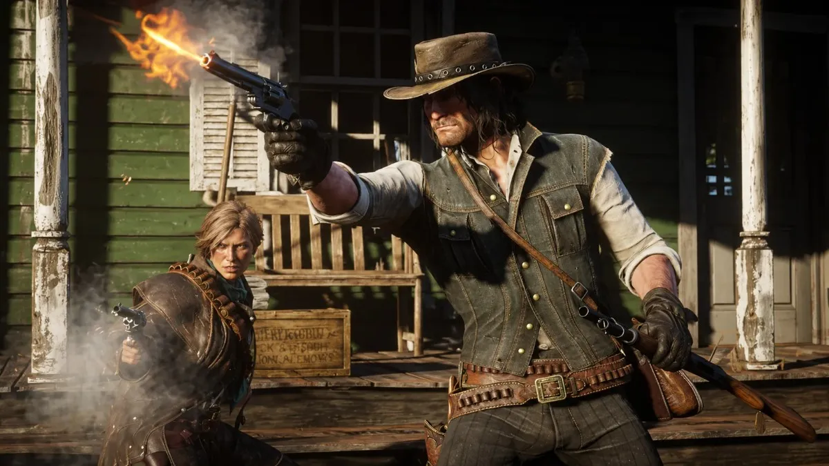 Red Dead Redemption 2 inspired cowboy and female outlaw in an intense western shootout with revolvers on a wooden porch