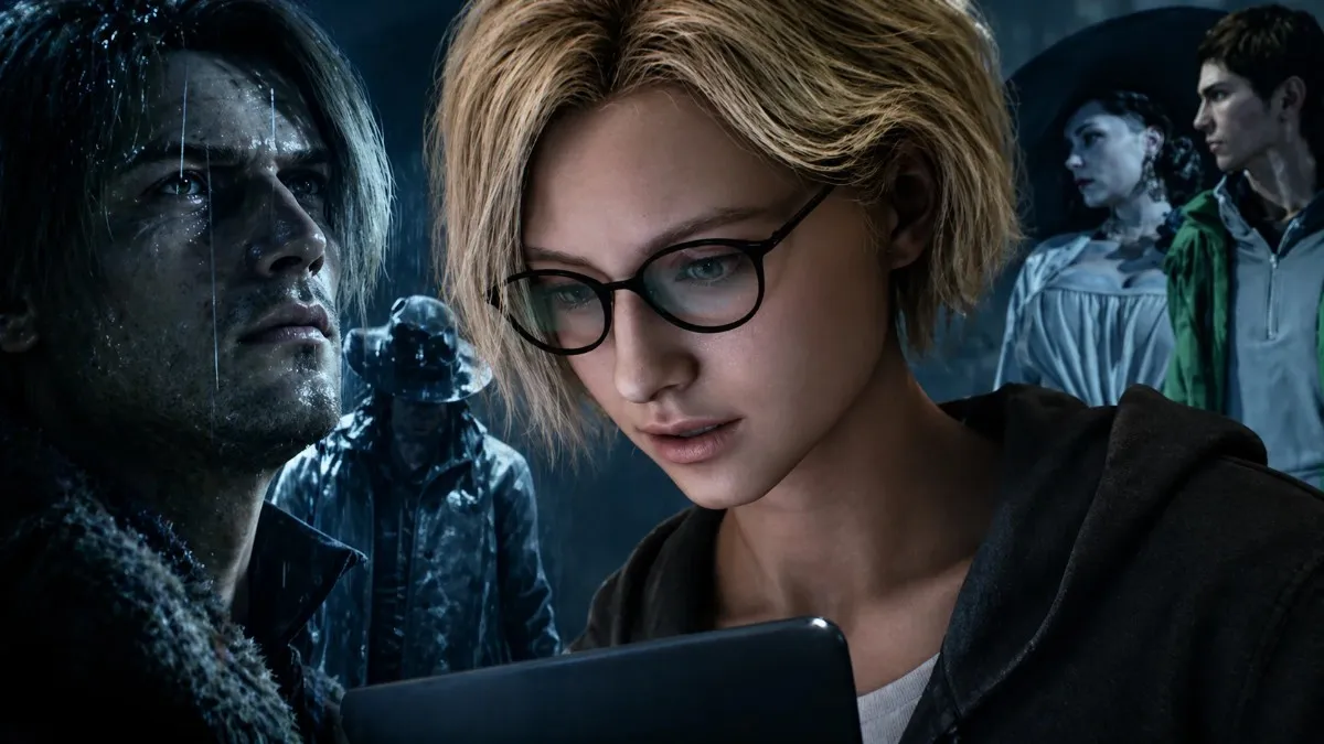 Resident Evil Requiem DLC HD image of a blonde woman with glasses using a device, layered with haunting character visions and blue atmospheric survival horror visuals.