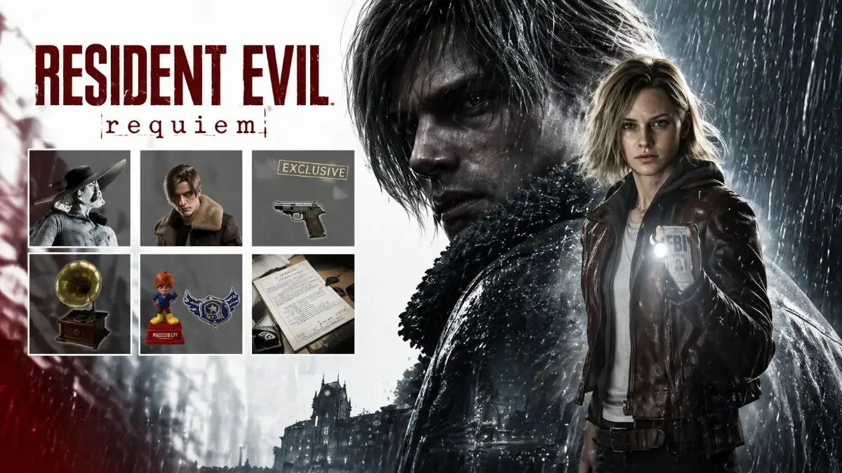 Resident Evil Requiem DLC promotional collage in HD featuring Leon, a female FBI character, collectible items, dark rainy atmosphere, and cinematic survival horror artwork.