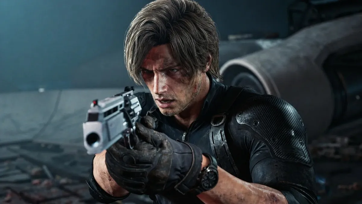 Resident Evil Requiem DLC image of Leon aiming a handgun in a dramatic HD action sequence with tactical gear, battle-worn face, and immersive survival horror atmosphere.