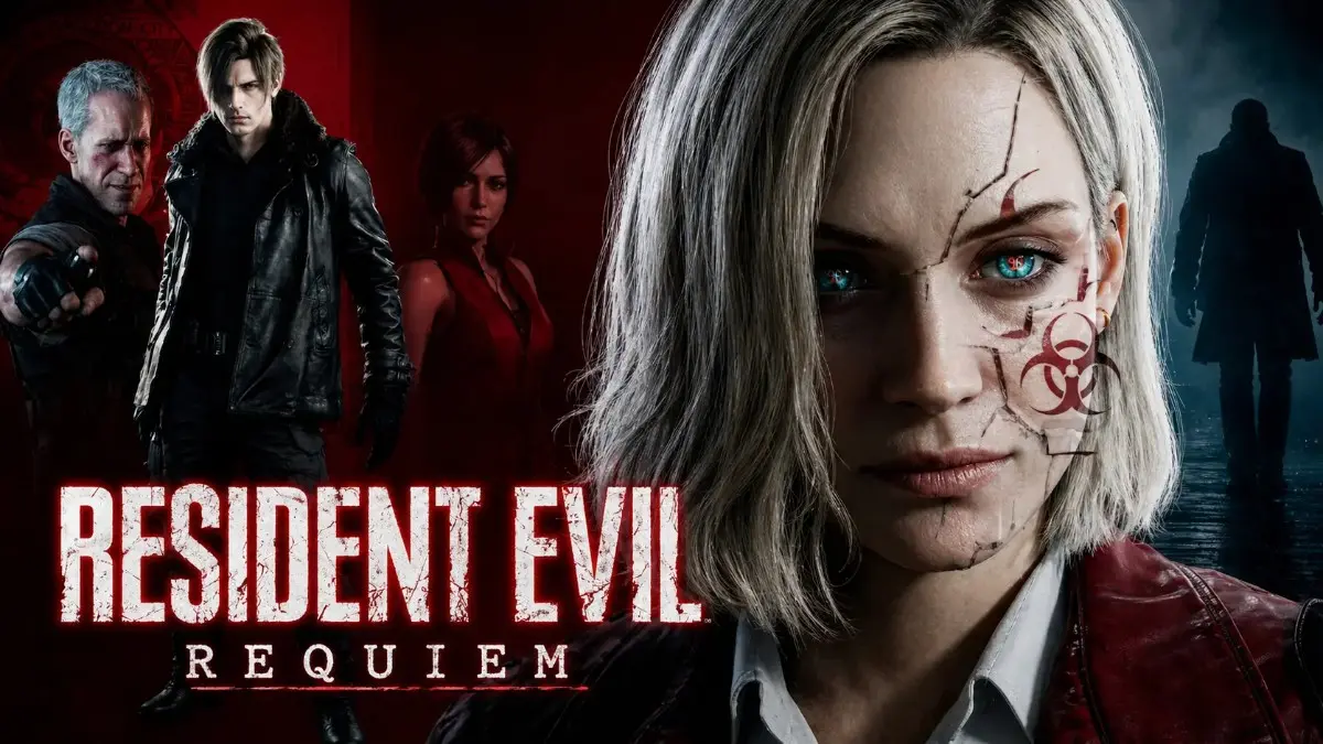 Resident Evil Requiem DLC HD poster featuring main characters, eerie red and blue horror atmosphere, biohazard-marked female lead, and cinematic survival horror artwork.