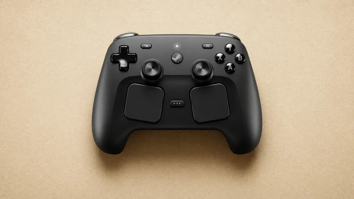High-quality 16:9 image of a black Steam Controller with dual touchpads and glossy buttons centered on a beige textured background.
