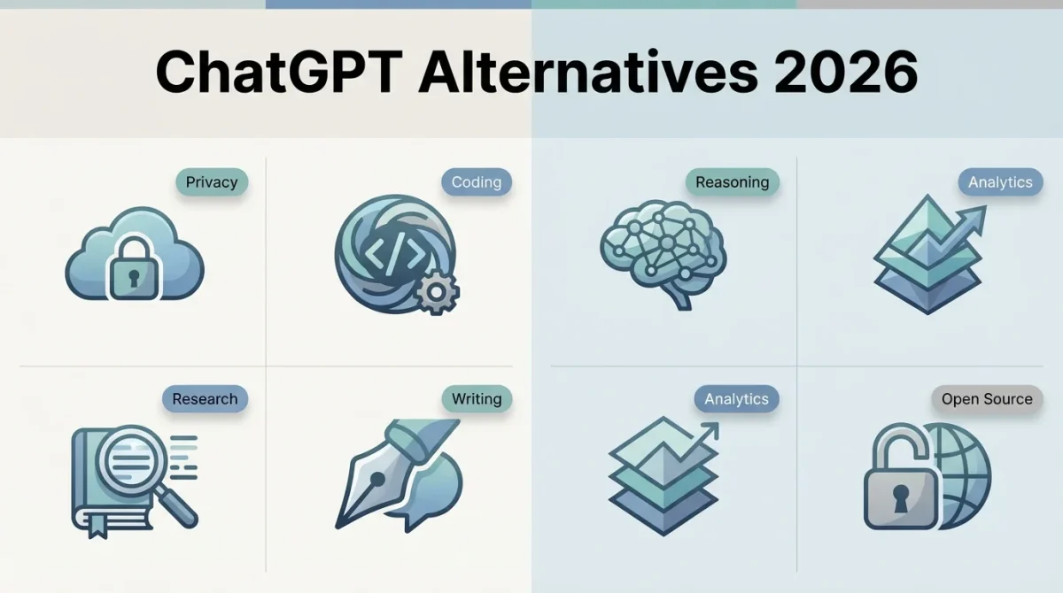 An infographic titled "ChatGPT Alternatives 2026" featuring icons for eight specialized AI categories: Privacy, Coding, Reasoning, Analytics, Research, Writing, and Open Source. Each category represents a unique strength found in various AI chatbot competitors.
