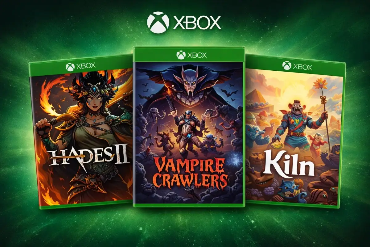 Three Xbox game covers displayed side-by-side featuring Hades II, Vampire Crawlers, and Kiln under a glowing green Xbox logo.