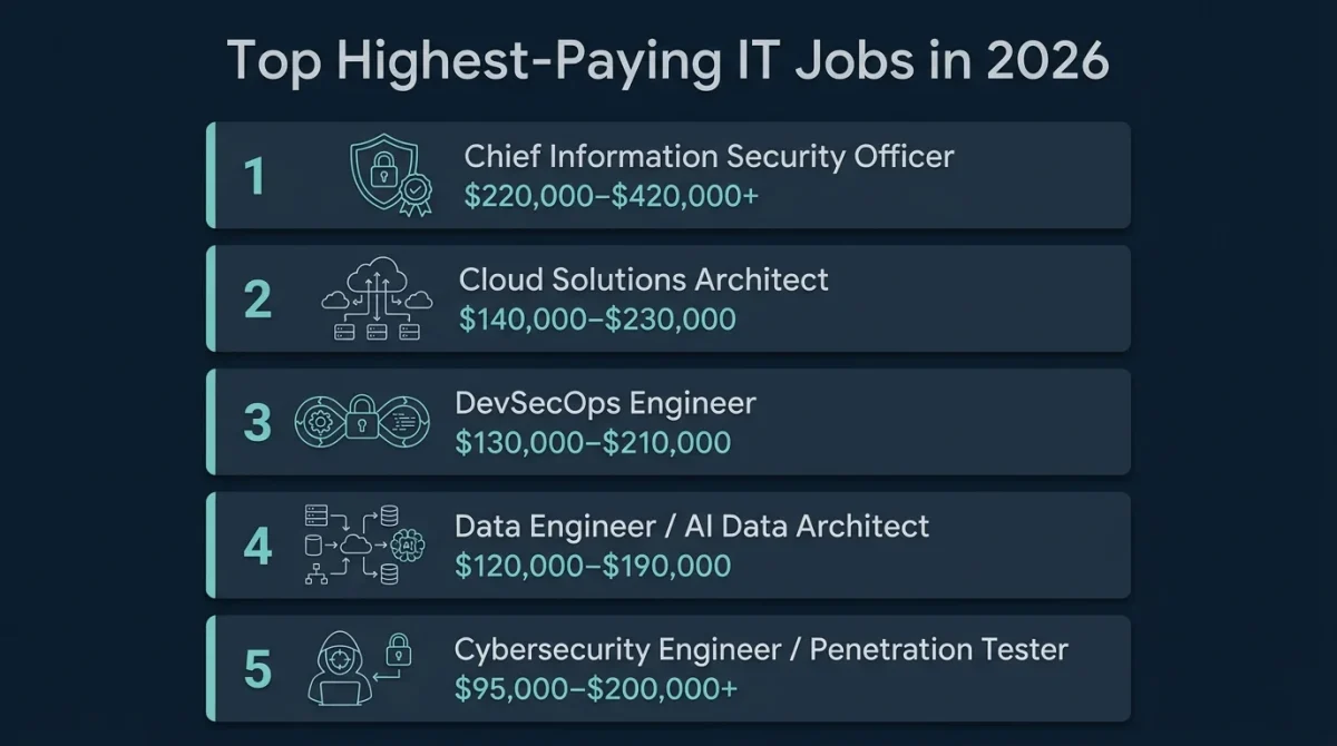 An infographic ranking the top 5 highest-paying Information Technology Jobs in 2026, including Chief Information Security Officer and Cloud Solutions Architect with salary ranges.