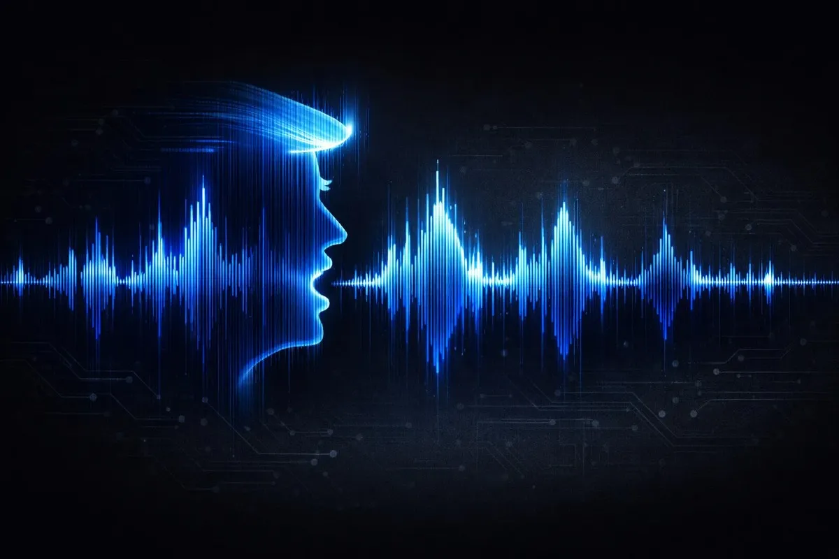 A side-profile digital silhouette of Donald Trump AI voice recognizable hair and face structure composed of glowing blue light, with a vibrant audio soundwave emitting from his mouth across a dark technical background.