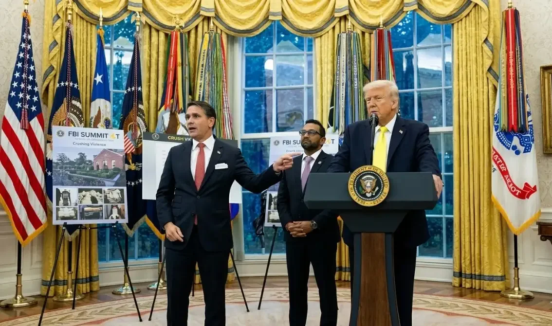 President Donald Trump and FBI Director Kash Patel at a White House summit in the Oval Office, discussing Department of Justice and FBI reforms in April 2026.