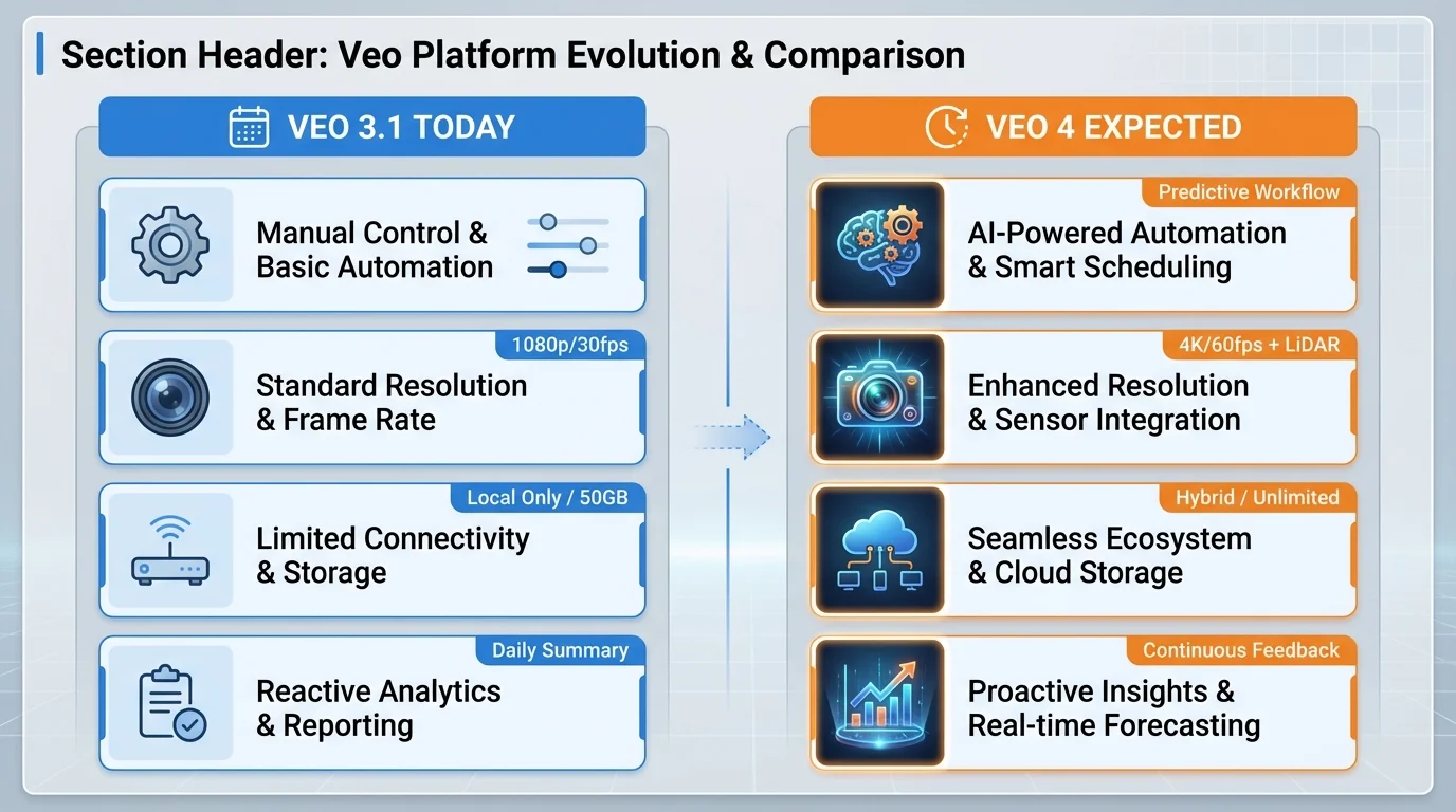 An infographic comparing the current features of Veo 3.1 (manual control, 1080p/30fps) against the expected features of Veo 4 (AI automation, 4K/60fps + LiDAR, unlimited hybrid storage), addressing the query on when is Veo 4 coming out.