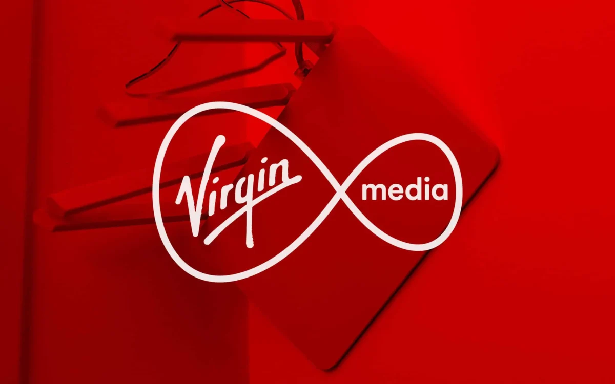 A historical graphic illustrating the timeline of Virgin Media, featuring brand logos, network expansion milestones, and the transition into Virgin Media O2 connectivity.
