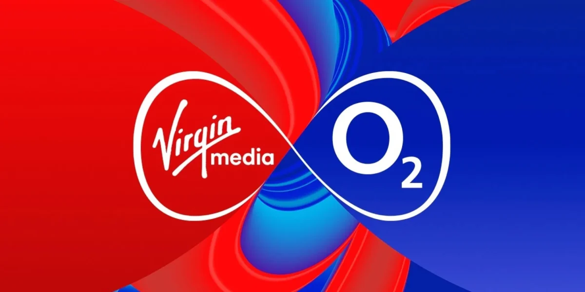 Abstract digital graphic featuring the Virgin Media and O2 logos integrated into a 3D blue and red network mesh, symbolizing the 2026 "Essential For Living" connectivity platform.