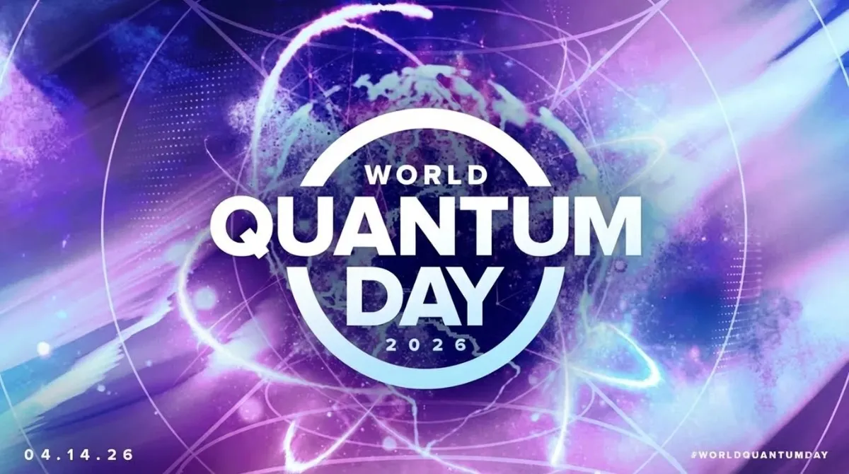 An artistic graphic for World Quantum Day 2026, featuring a stylized globe surrounded by atomic orbital paths and glowing energy in purple and blue hues. The date 04.14.26 is visible in the bottom left corner.