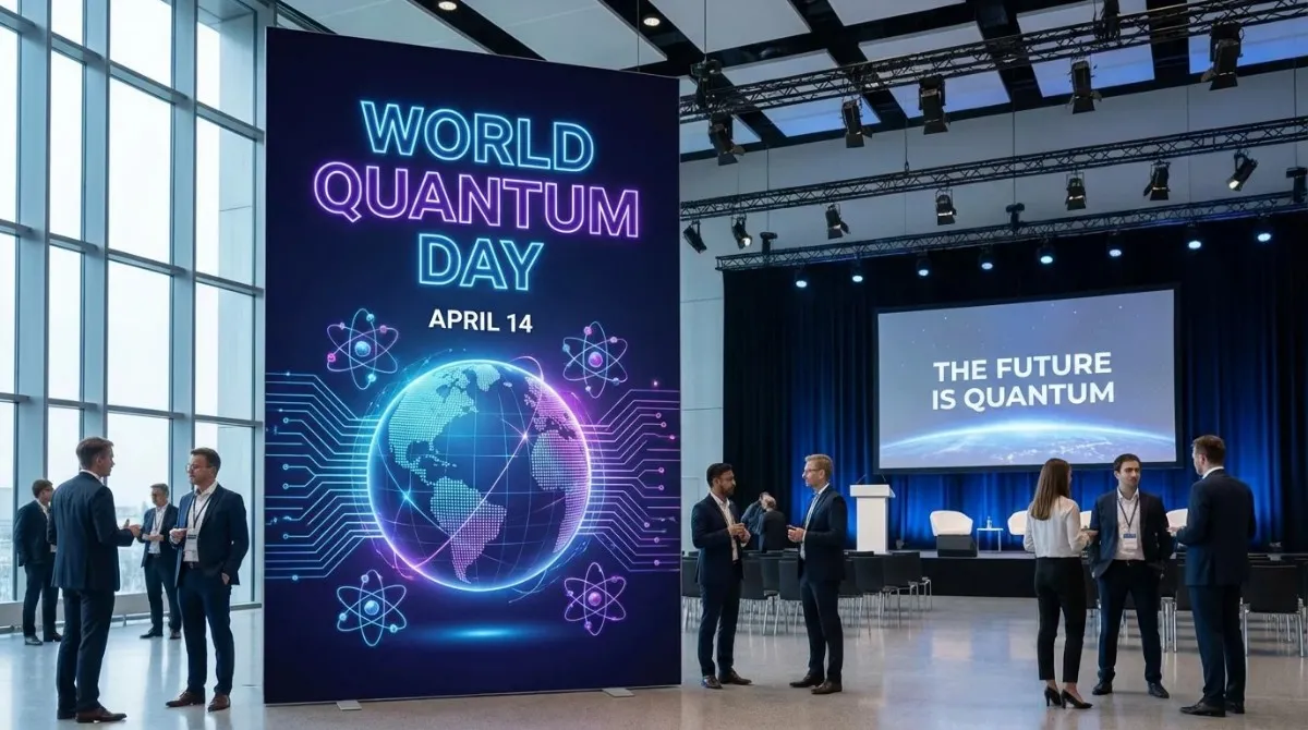 A celebratory World Quantum Day 2026 graphic featuring a glowing blue globe at the center of an atomic structure with electrons. The image includes the date 04.14.26 and the hashtag #WORLDQUANTUMDAY against a dark, high-tech background.