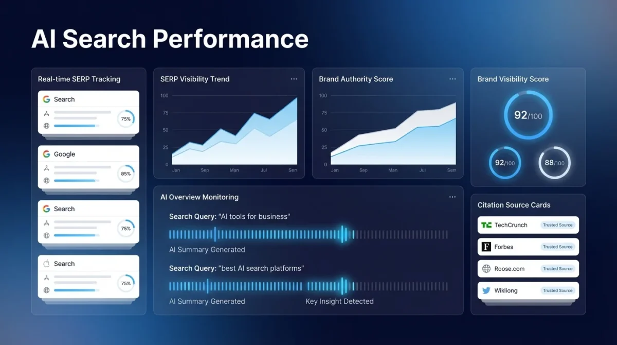 An analytics dashboard for the Ziptie AI search performance tool featuring real-time SERP tracking, brand authority scores, and AI overview monitoring for specific search queries.