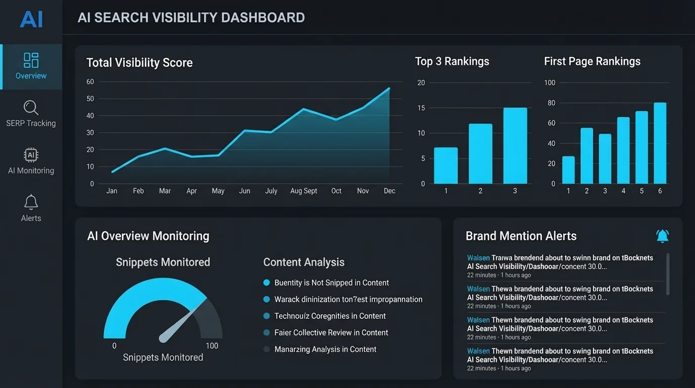 The Ziptie AI search performance tool dashboard showing a total visibility score growth chart, top 3 rankings bar graph, first-page rankings, and an AI overview monitoring panel for content analysis.