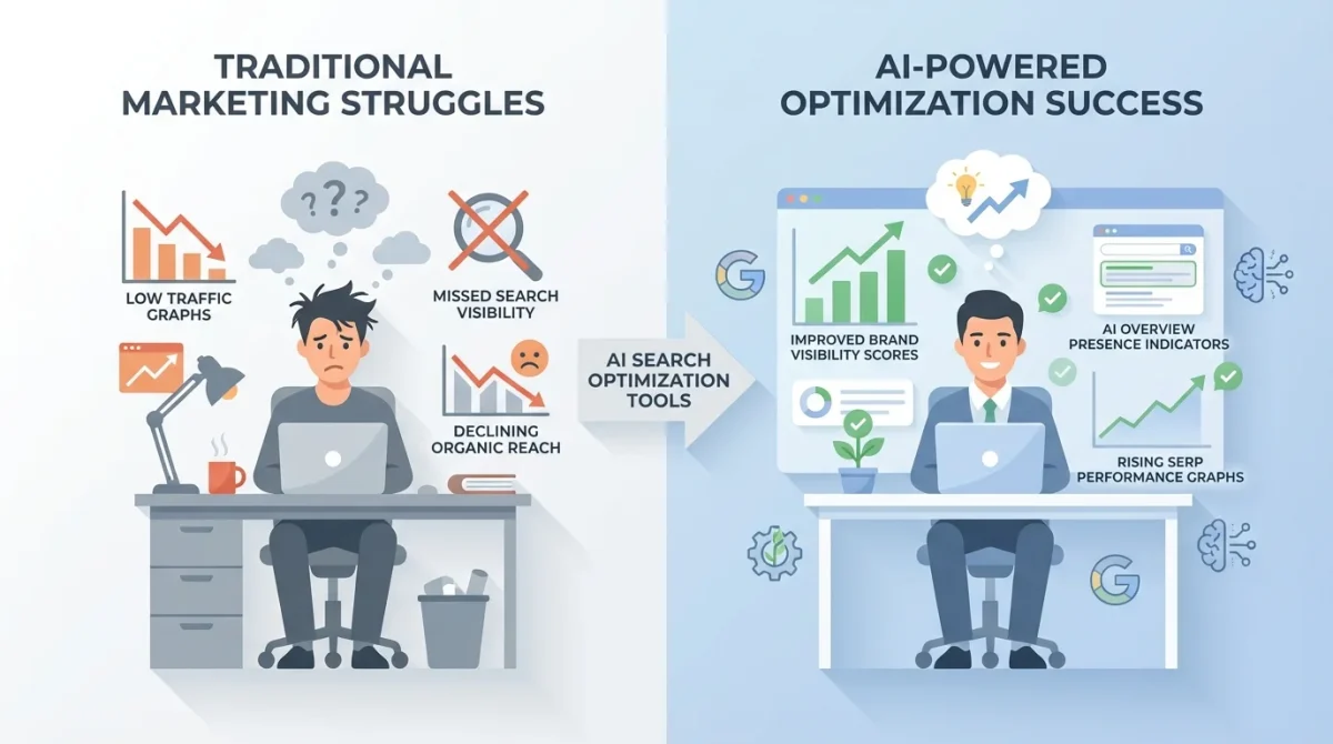 A comparative infographic titled Traditional Marketing Struggles vs. AI-Powered Optimization Success, illustrating how the Ziptie AI search performance tool fixes low traffic and declining reach with improved brand visibility and rising SERP performance.