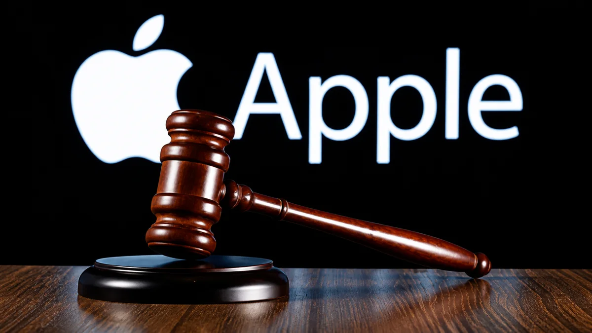 A wooden judge's gavel on a desk in front of a glowing Apple logo, symbolizing the Apple AI Settlement regarding misleading Siri marketing for the iPhone 16.
