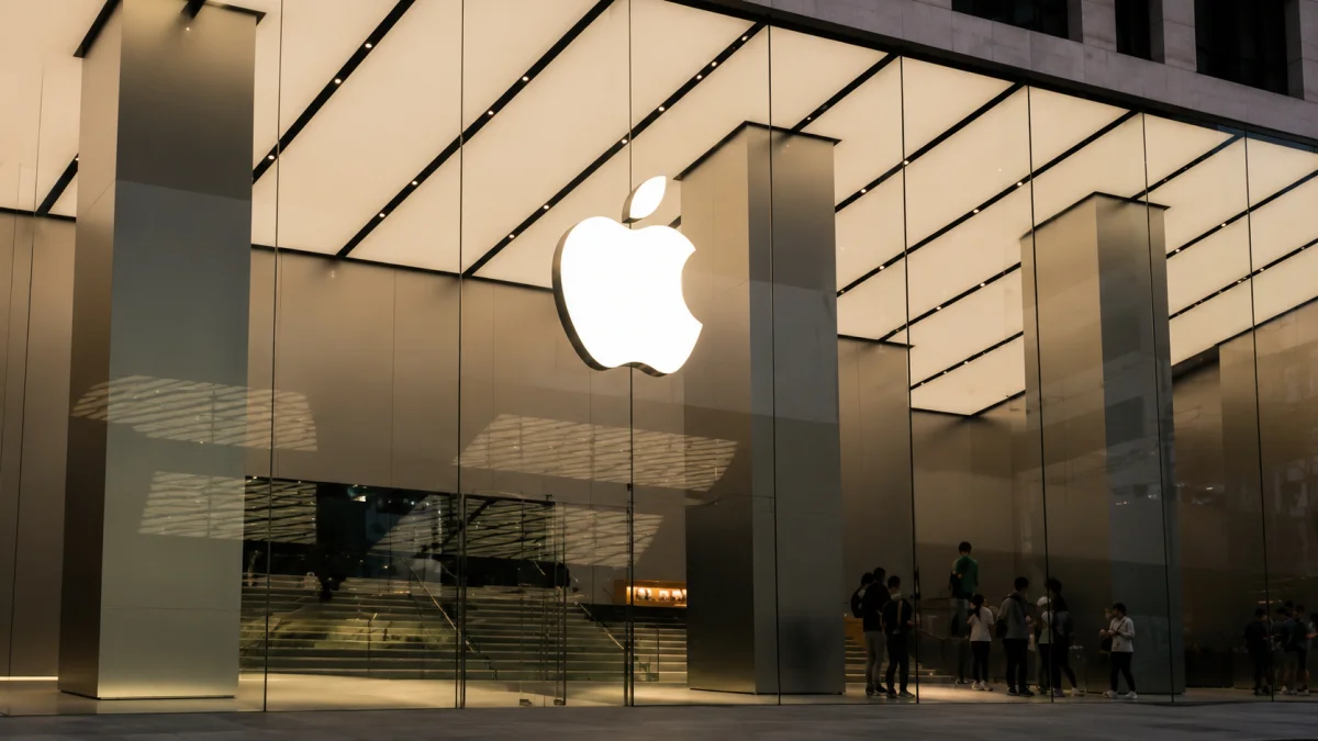 A modern glass Apple Store storefront at dusk, used to illustrate the $250 million Apple AI Settlement regarding unreleased Siri features for iPhone 15 and 16 models.