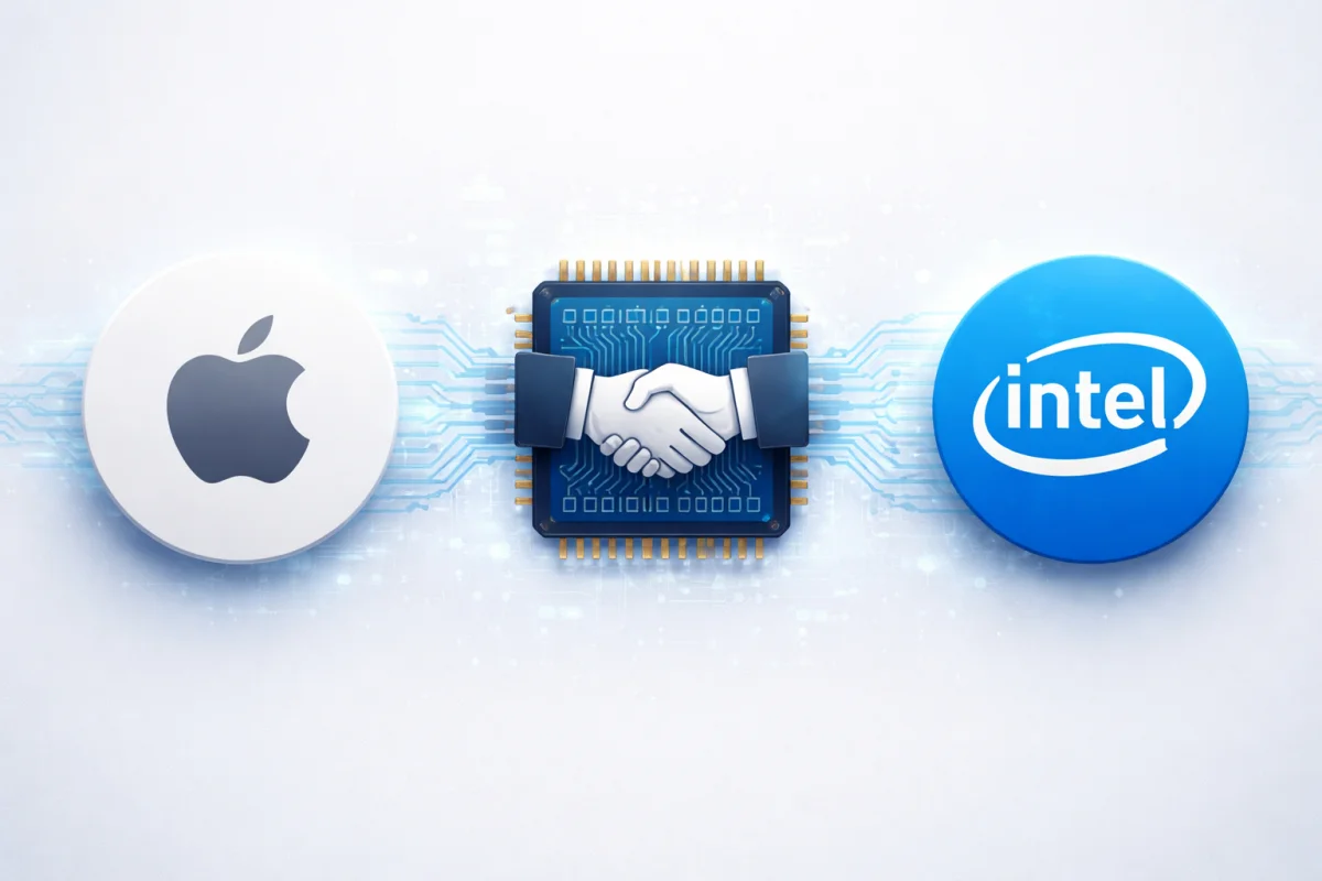 Apple logo and Intel logo connected by a circuit board with a handshake icon in the center — representing the Apple and Intel deal for future chip collaboration.