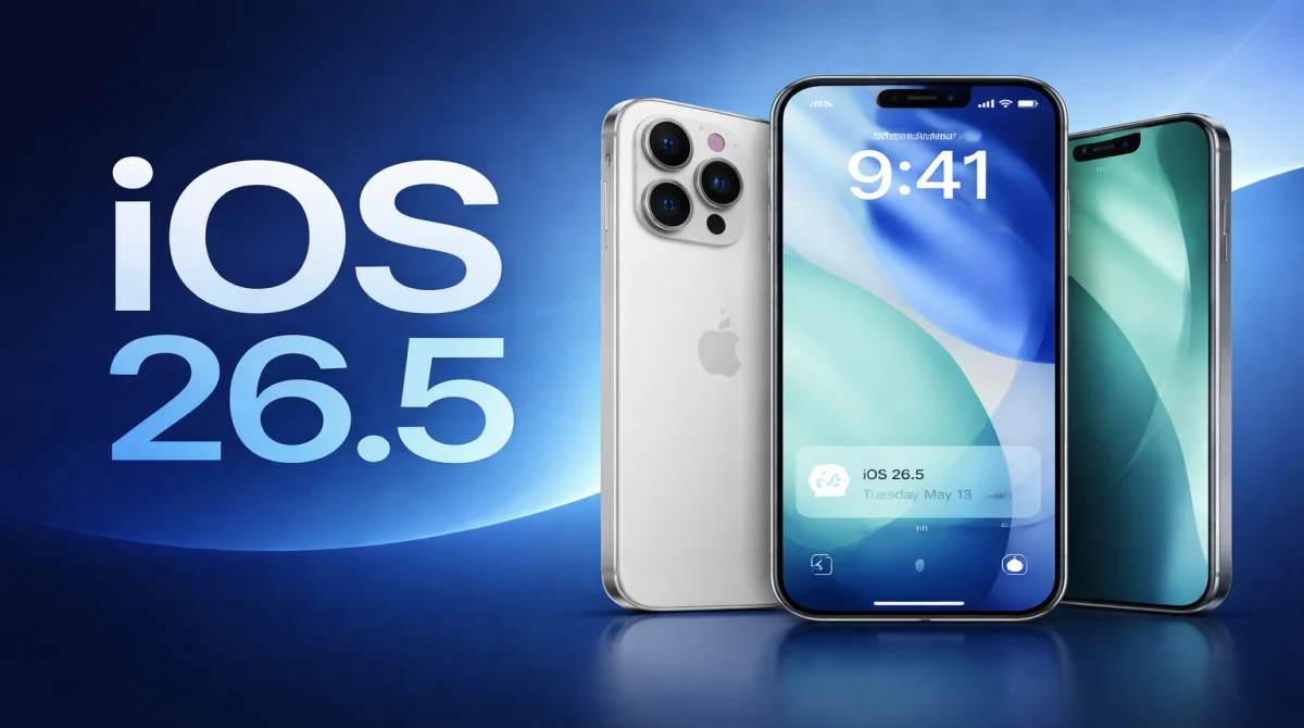 Three white iPhone models displayed against a blue background, showcasing the new lock screen interface and agentic notification widgets introduced in Apple iOS 26.5.
