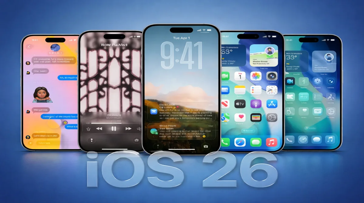 Five iPhones arranged in a row displaying various system screens, including messaging, music, lock screen, and home screen widgets, showcasing the design language of Apple iOS 26.5.