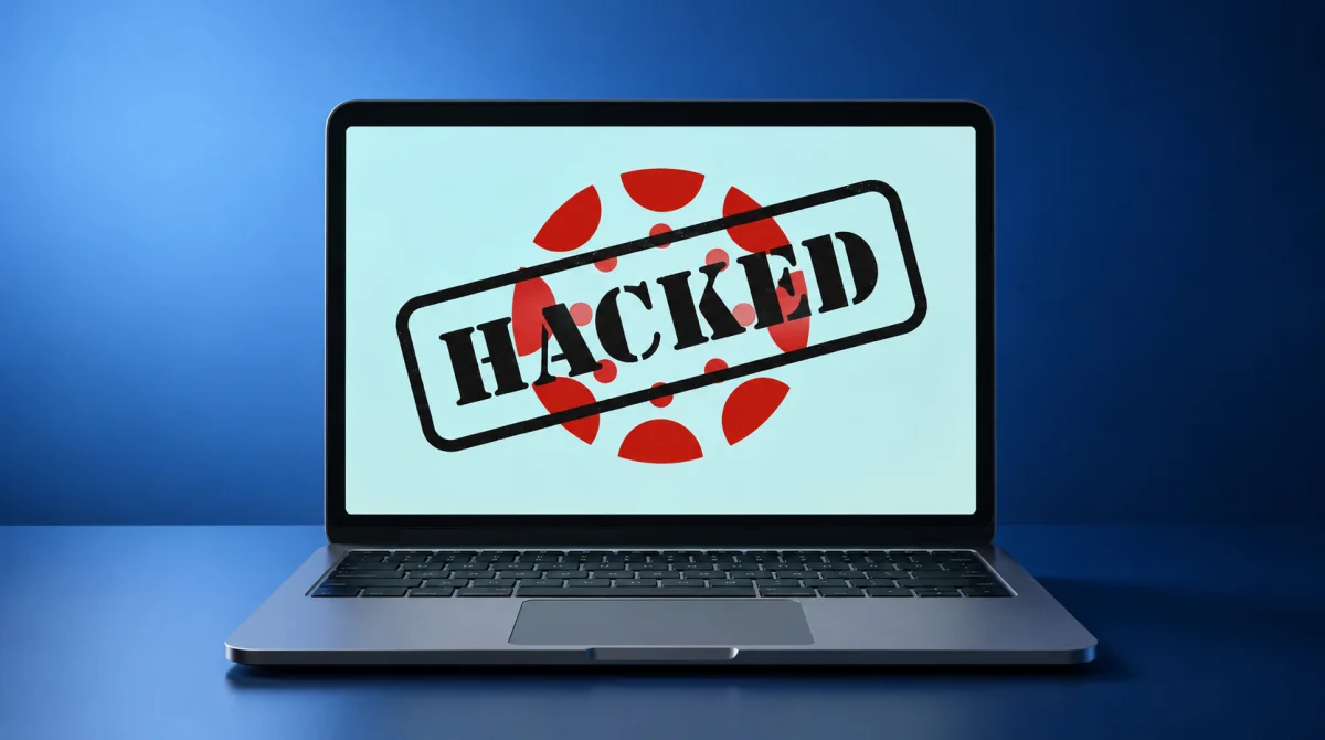 A silver laptop on a blue desk displaying a red circular logo with a black "HACKED" stamp across the screen, illustrating a Canvas Hacked cybersecurity breach scenario.
