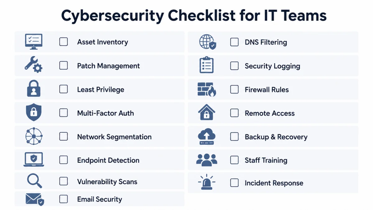 An infographic displaying a cybersecurity checklist for IT support teams featuring 16 operational security parameters with checkbox items like Asset Inventory, Patch Management, and Incident Response.