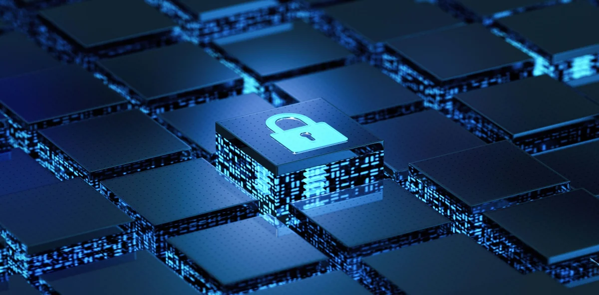A 3D grid of dark blue digital blocks with a central glowing padlock icon, representing data encryption and security protocols as part of a Cybersecurity Checklist.