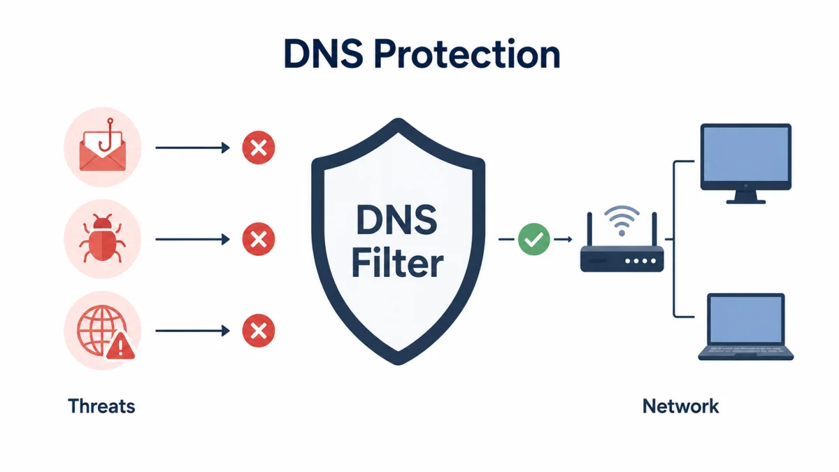 A DNS Protection infographic demonstrating how a DNS Filter blocks inbound web threats, serving as a critical item on a cybersecurity checklist for IT support teams.