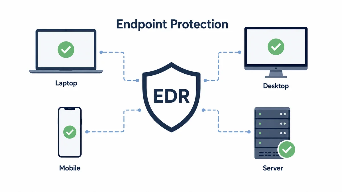An Endpoint Protection infographic displaying secure connections between an EDR shield and network nodes, serving as a visual guide for a cybersecurity checklist for IT support teams.