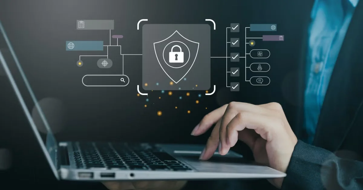 A professional using a laptop with a digital overlay showing a cybersecurity checklist, including a central shield icon and verified security protocols.