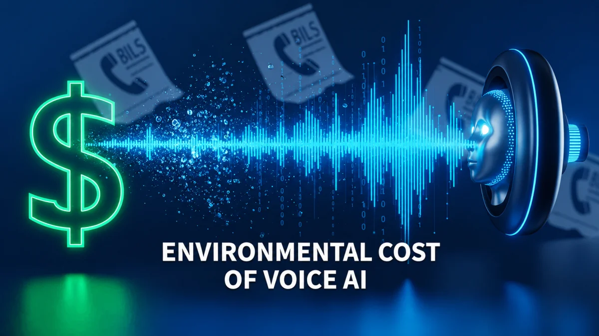 An infographic titled "Environmental Cost of Voice AI" featuring a glowing dollar sign and digital sound waves connected to an AI face, highlighting the sustainability challenges of VO Technology.