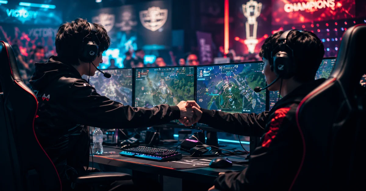 Two professional esports players shaking hands at their gaming stations during a tournament, showcasing the scale of infrastructure covered in a cybersecurity checklist for gaming companies.