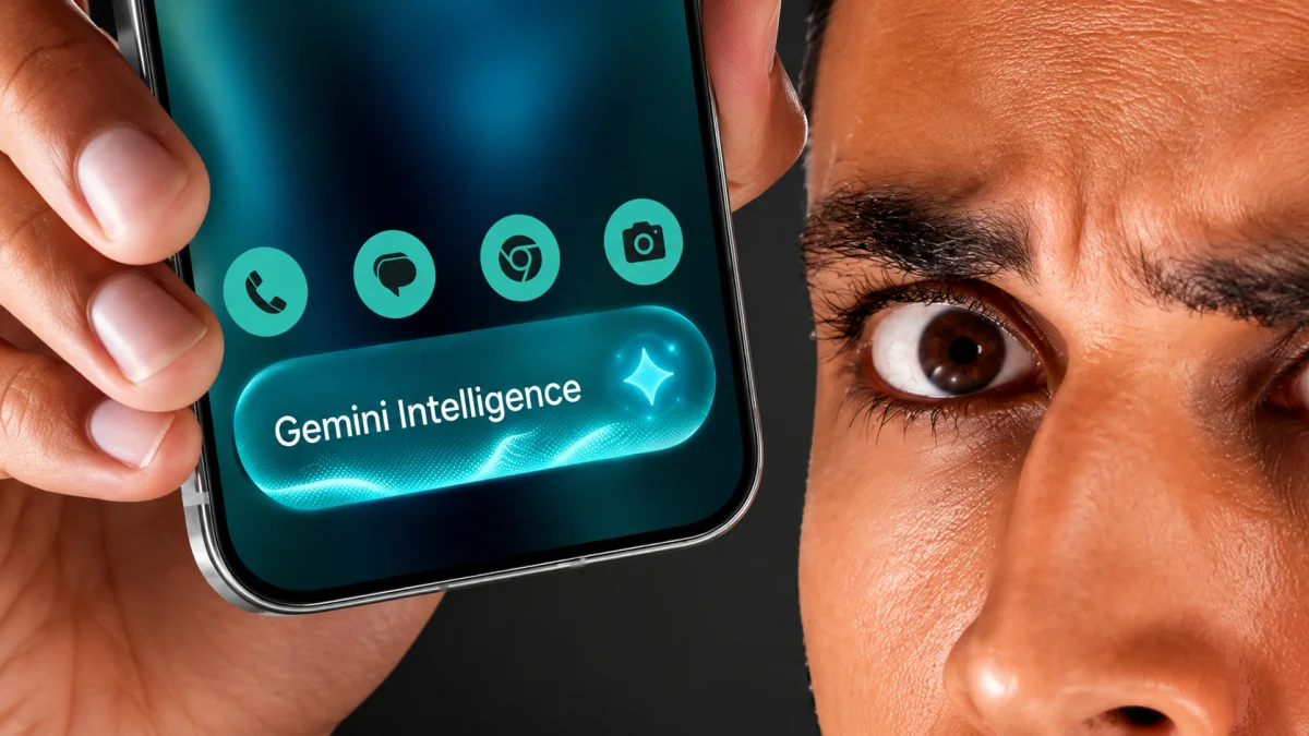 A close-up of a high-end mobile interface displaying "Gemini Intelligence" and Google ecosystem icons, highlighting the native AI capabilities expected in the upcoming GoogleBook series.