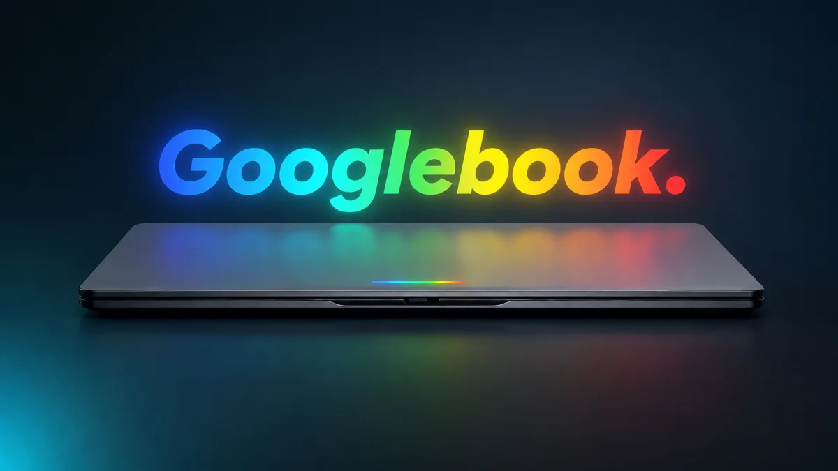 A sleek, modern laptop featuring a glowing multicolored GoogleBook logo, illustrating the brand's shift toward integrated AI hardware.