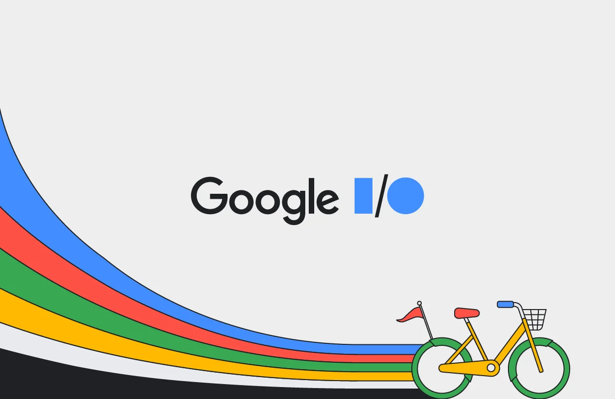 The minimalist official logo for the Google io developer conference featuring a stylized blue input/output graphic alongside an illustrated yellow bicycle leaving colorful track lines.