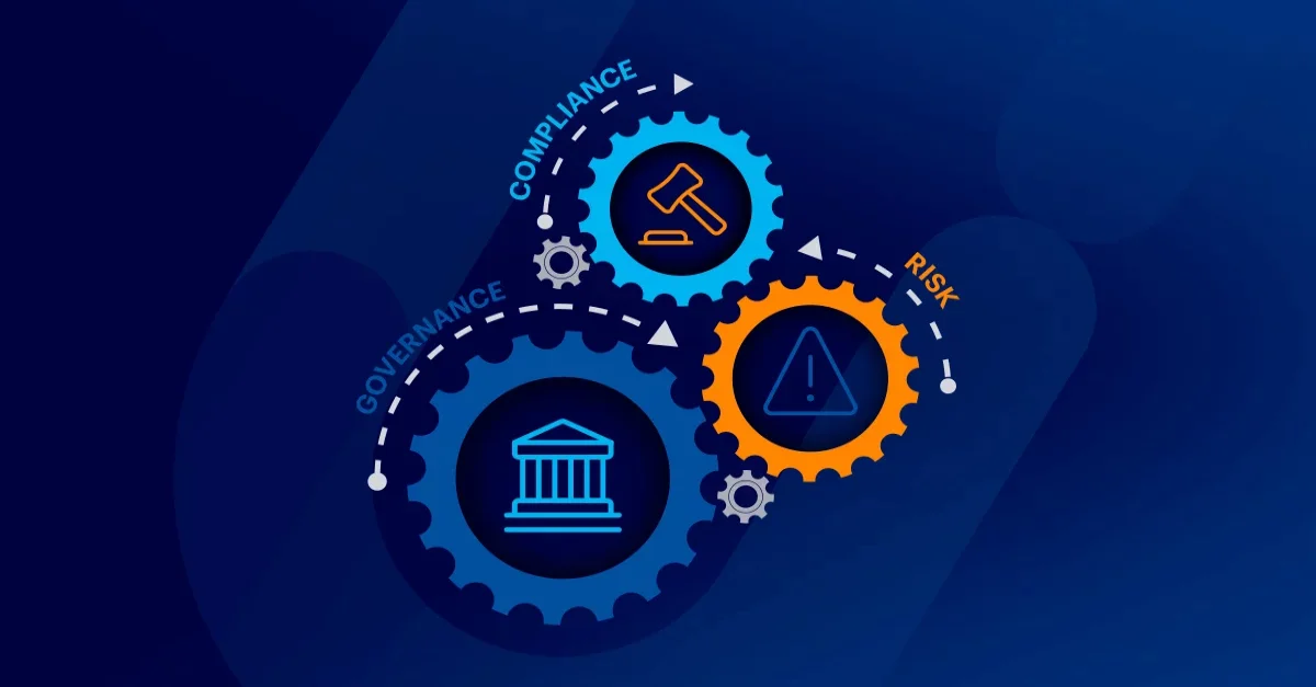 A 3D isometric diagram mapping the integration of Governance, Risk, and Compliance frameworks, serving as a pillar for a cybersecurity checklist for gaming companies.